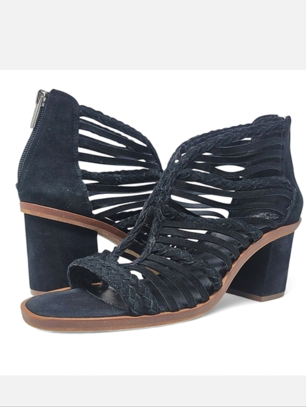 Vince Camuto Kestal Black Braided Leather Caged  Heeled Sandal